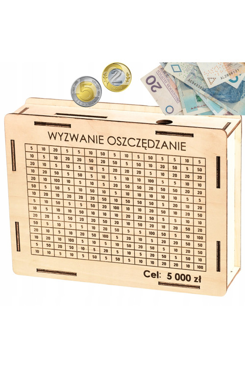 Skarbonka Wykreślanka – Cel 5000 zł Motywator Oszczędzania Prezent DIY Challenge