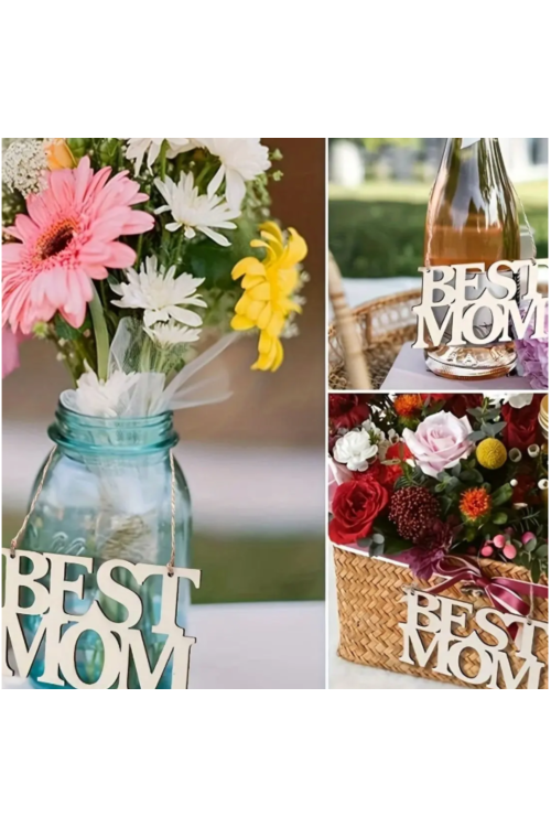 Drewniany Napis "BEST MOM" 11 cm Zestaw 10 sztuk Dekoracje DIY Prezent na Dzień Matki Rękodzieło