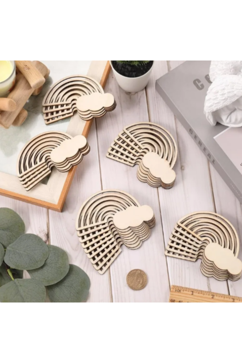 Drewniana Tęcza z Chmurką 9×6 cm – Zestaw 10 sztuk Dekoracje DIY Ozdoby do Malowania Rękodzieło