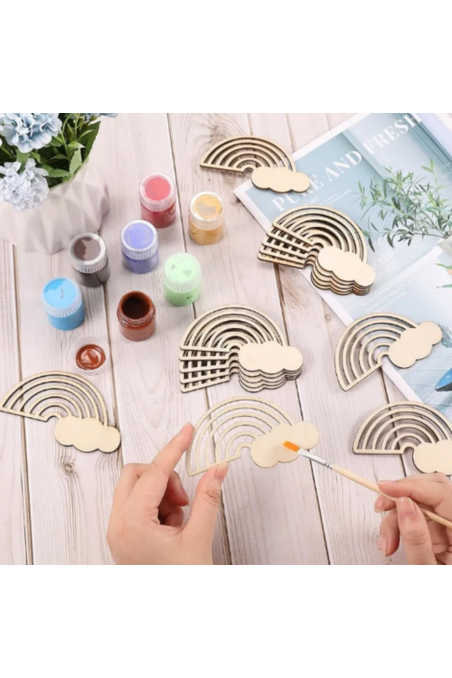 Drewniana Tęcza z Chmurką 9×6 cm – Zestaw 10 sztuk Dekoracje DIY Ozdoby do Malowania Rękodzieło