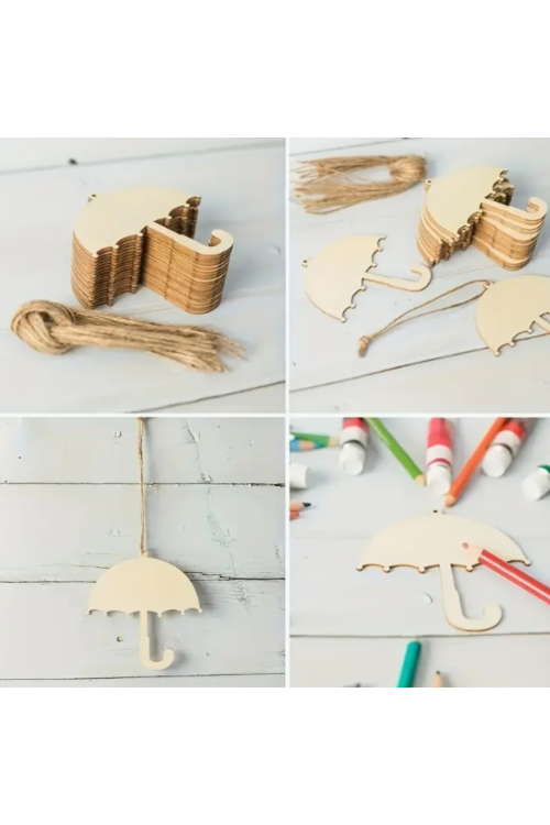 Drewniana Parasolka 10 cm – Zestaw 10 sztuk Zawieszki ze Sklejki Dekoracje DIY Decoupage