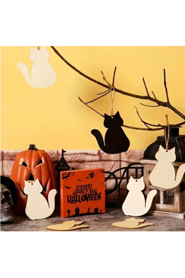 Drewniany Kot 10 cm – Zestaw 10 sztuk Ozdoby DIY Zawieszki do Malowania i Decoupage