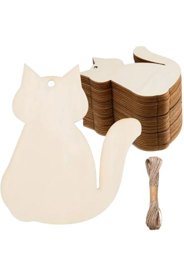 Drewniany Kot 10 cm – Zestaw 10 sztuk Ozdoby DIY Zawieszki do Malowania i Decoupage