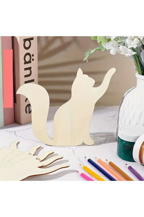 Drewniany Kot 10 cm – Zestaw 10 sztuk Dekoracje DIY Ozdoby do Malowania Decoupage