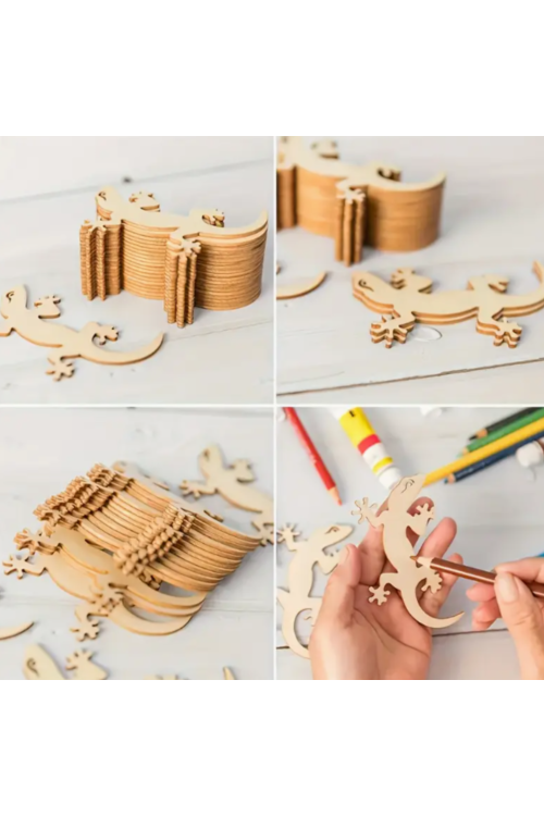 Drewniana Jaszczurka 10×6 cm – Zestaw 10 sztuk Ozdoby DIY Decoupage Rękodzieło i Warsztaty