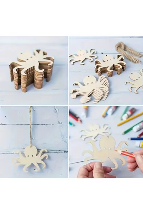 Drewniana Ośmiornica 8 cm – Zestaw 10 sztuk Dekoracje Morskie DIY Decoupage Scrapbooking