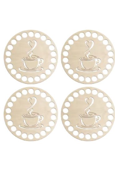 Drewniane Podstawki pod Kubek 10 cm – Zestaw 4 sztuki z Motywem Kawy Ozdoby DIY Decoupage