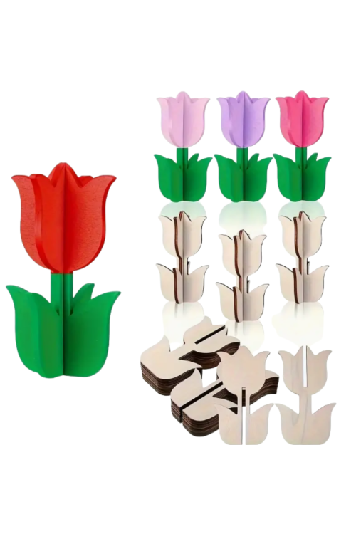 Drewniane Tulipany 3D – Zestaw 10 sztuk Dekoracje Wiosenne Wielkanocne DIY