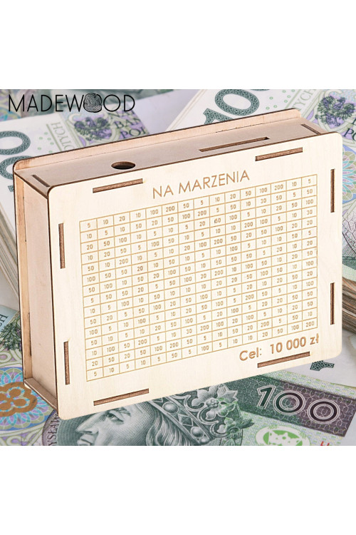 Skarbonka Drewniana Wykreślanka 10 000 zł  NA MARZENIA Motywator do Oszczędzania